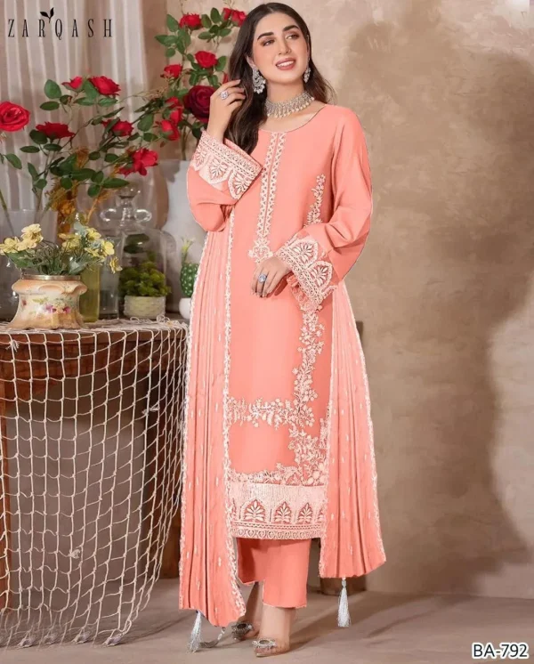 Peach Dhanak 3-Piece Embroidered Suit with Dupatta – Women’s Unstitched Dress