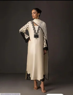Beige Shamoz Silk 3-Piece Digital Printed Suit
