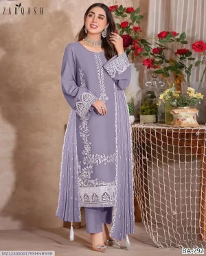 Purple Dhanak Embroidered 3-Piece Suit with Bamber Dupatta